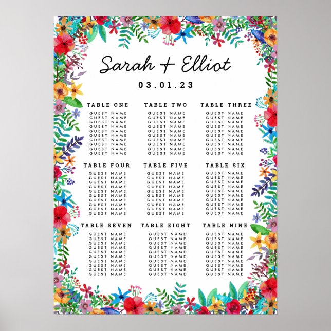 Colourful Flowers Seating Chart Poster (Front)