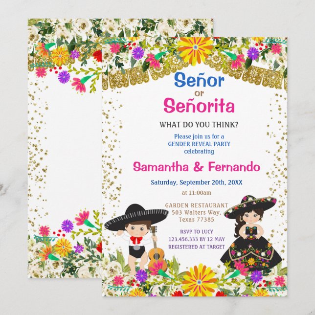 Colourful Flowers Señor or Señorita Gender Reveal  Invitation (Front/Back)