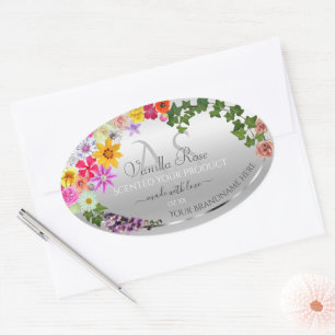 Colourful Flowers Silver Monogrammed Product Label