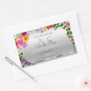 Colourful Flowers Silver Monogrammed Product Label