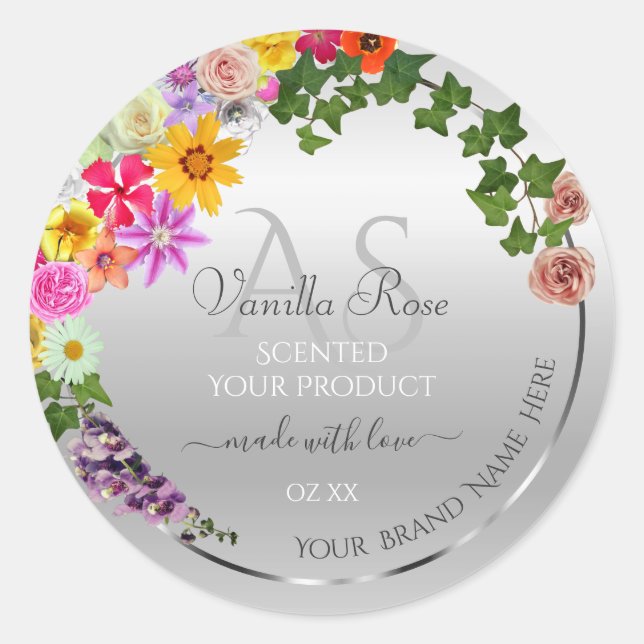 Colourful Flowers Silver Monogrammed Product Label (Front)