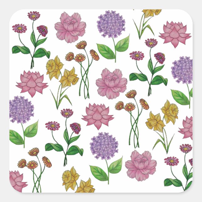Colourful flowers square sticker (Front)