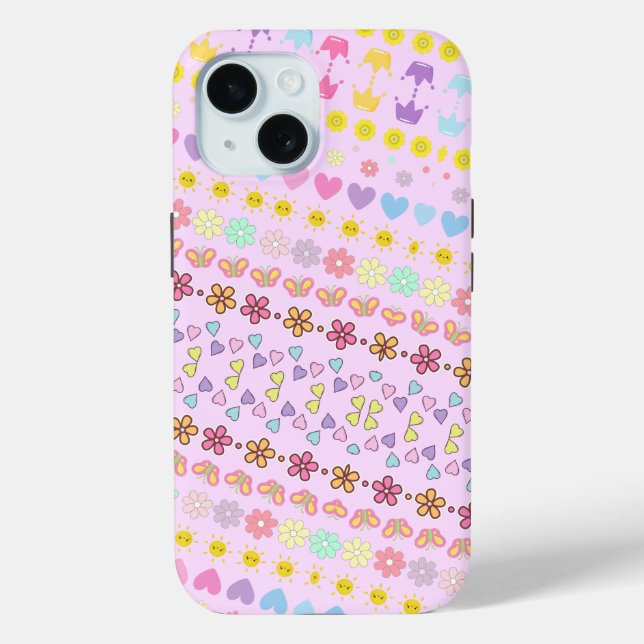 Colourful Flowers Sun & Hearts Pattern, Pink Flora Case-Mate iPhone Case (Back)