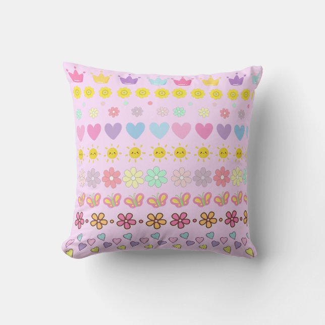 Colourful Flowers Sun & Hearts Pattern, Pink Flora Cushion (Front)