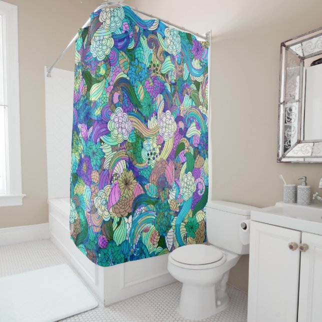 Colourful Flowers & Swirls Collage Pattern Shower Curtain (In Situ)