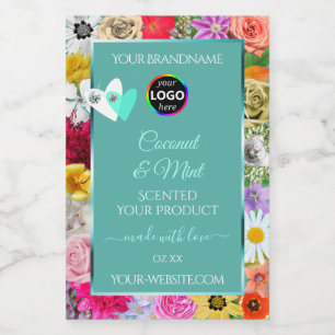 Colourful Flowers Teal Product Labels Hearts Logo