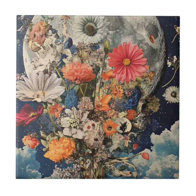 Colourful Flowers Under Full Moon Ceramic Tile (Front)