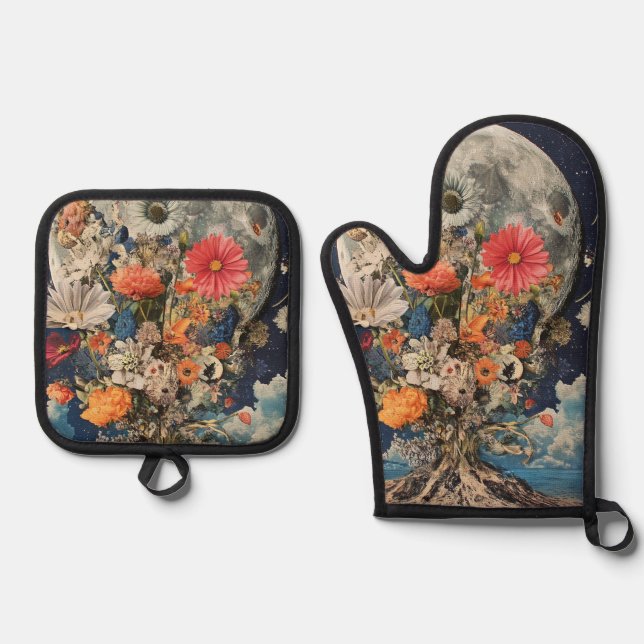 Colourful Flowers Under Full Moon Oven Mitt & Pot Holder Set (Front)