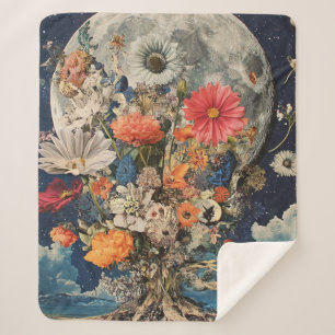 Colourful Flowers Under Full Moon Sherpa Blanket
