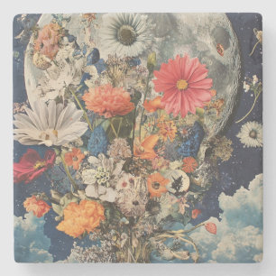 Colourful Flowers Under Full Moon Stone Coaster