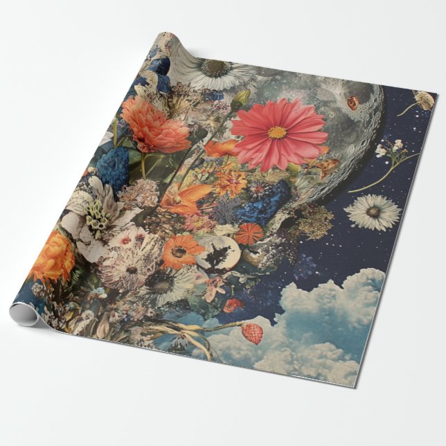 Colourful Flowers Under Full Moon Wrapping Paper (Unrolled)