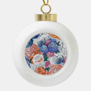 Colourful Flowers: Vibrant Seamless Pattern Ceramic Ball Christmas Ornament