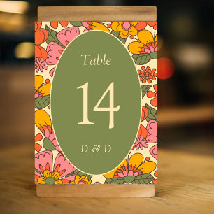 Colourful Flowers Vintage Retro Wedding Table Number