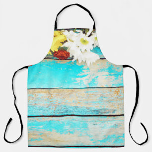 Colourful flowers, vintage wooden border. apron