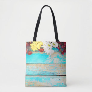 Colourful flowers, vintage wooden border. tote bag