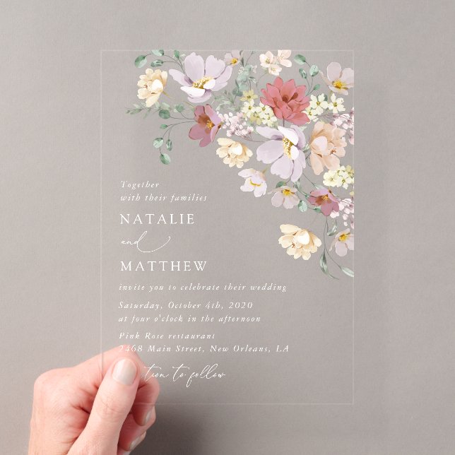 Colourful Flowers, Wildflowers, Boho, Wedding Acrylic Invitations (Insitu (Handheld))
