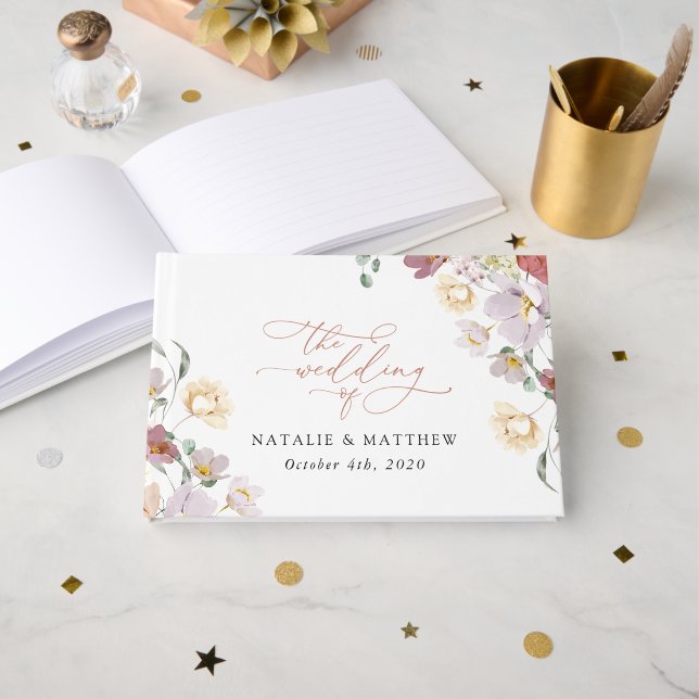 Colourful Flowers, Wildflowers, Boho, Wedding Guest Book (Front Open)