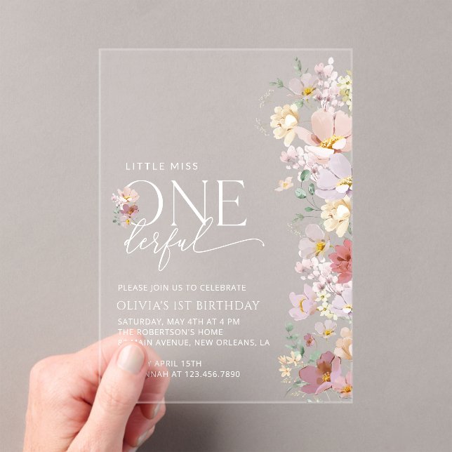 Colourful Flowers, Wildflowers, First Birthday Acrylic Invitations (Insitu (Handheld))