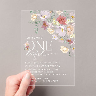 Colourful Flowers, Wildflowers, First Birthday Acrylic Invitations