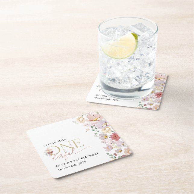 Colourful Flowers, Wildflowers, First Birthday Square Paper Coaster (Insitu)