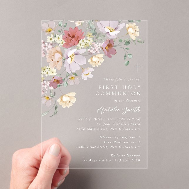 Colourful Flowers, Wildflowers, First Communion Acrylic Invitations (Insitu (Handheld))