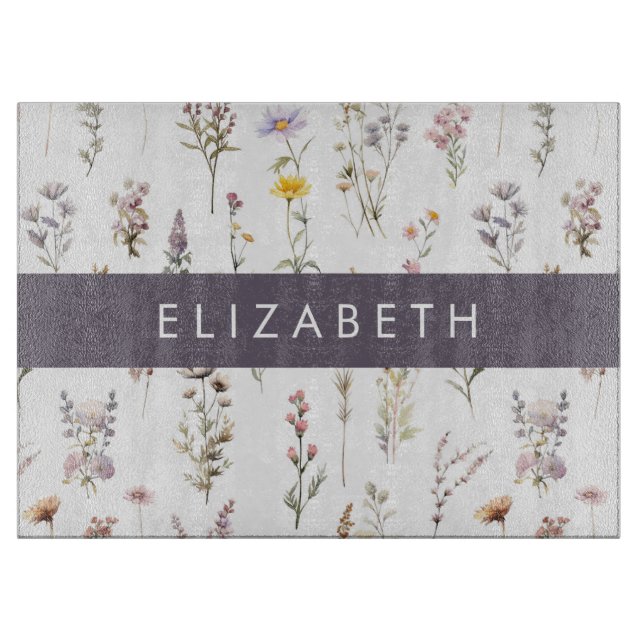 Colourful Flowers, Wildflowers, Greenery, Your Nam Cutting Board (Front)