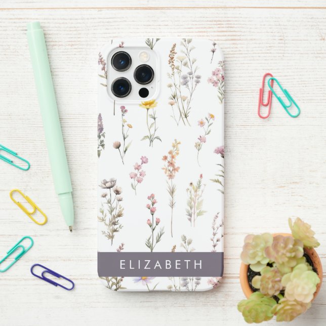 Colourful Flowers, Wildflowers, Greenery, Your Nam iPhone Case (On Desk)