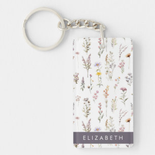 Colourful Flowers, Wildflowers, Greenery, Your Nam Key Ring