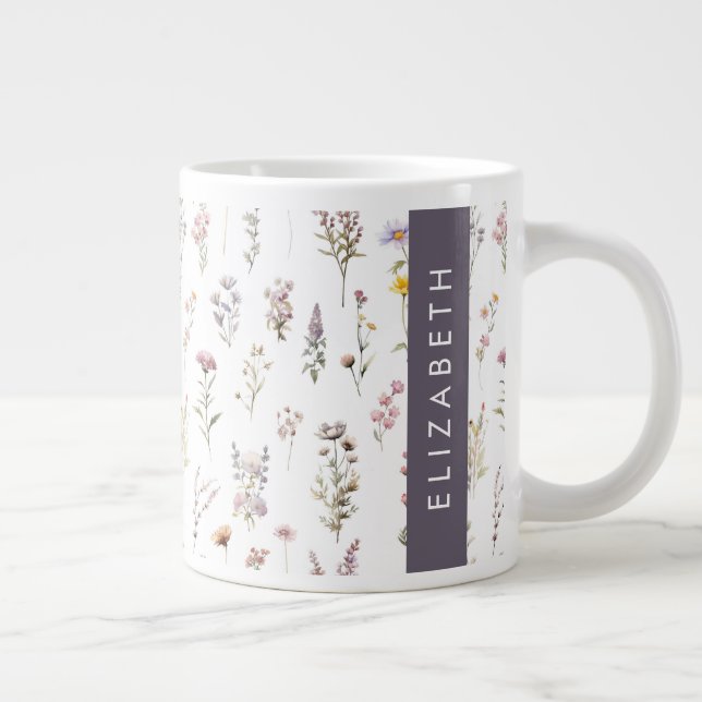 Colourful Flowers, Wildflowers, Greenery, Your Nam Large Coffee Mug (Right)