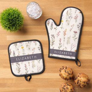 Colourful Flowers, Wildflowers, Greenery, Your Nam Oven Mitt & Pot Holder Set