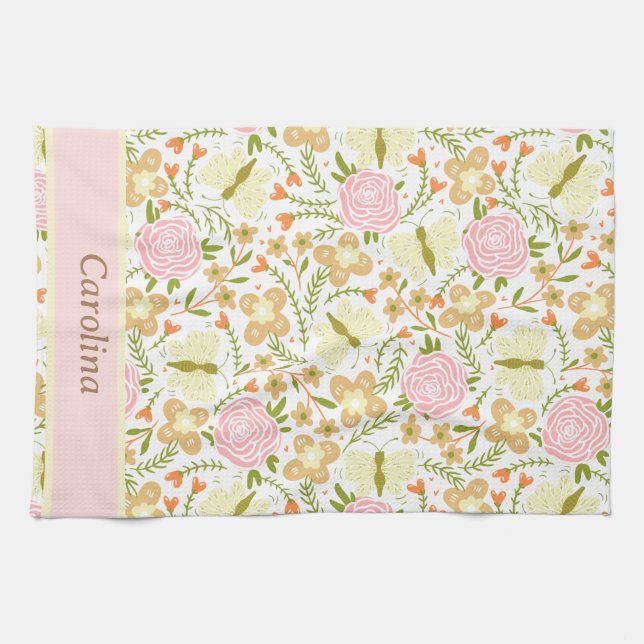 Colourful Flowers With Butterflies Pattern Name Tea Towel (Horizontal)