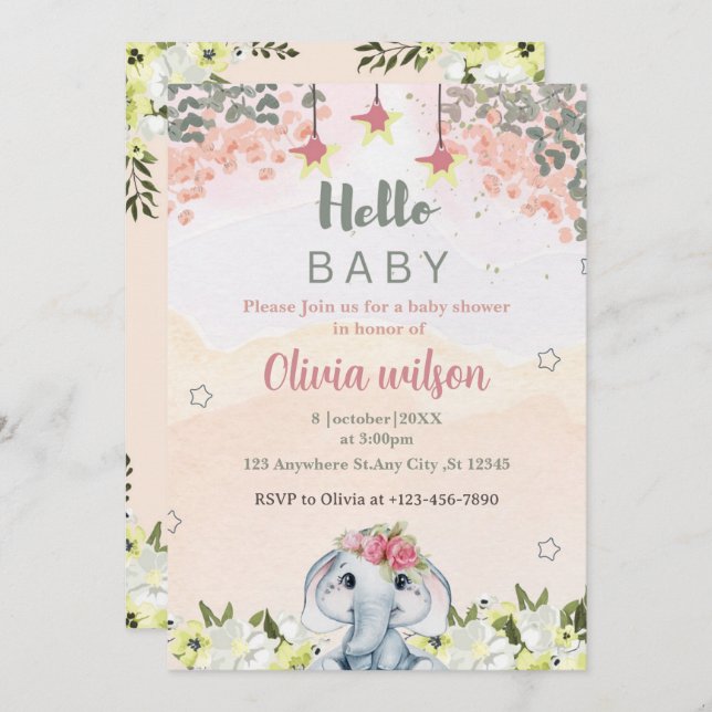 colourful flowers with cute elephant   party  invitation (Front/Back)