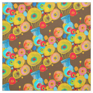 colourful flowers with vase brown blue fabric