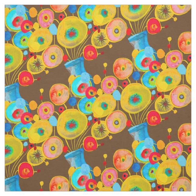 colourful flowers with vase brown blue fabric (Swatch)