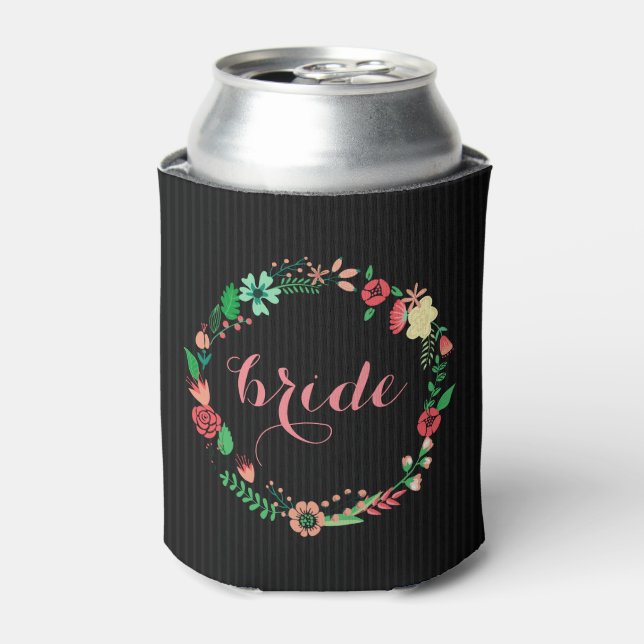 Colourful Flowers Wreath Black Background Can Cooler (Can Front)