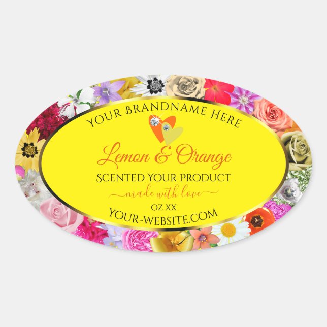 Colourful Flowers Yellow Product Labels with Heart (Front)