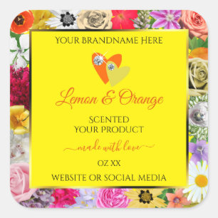 Colourful Flowers Yellow Product Labels with Heart