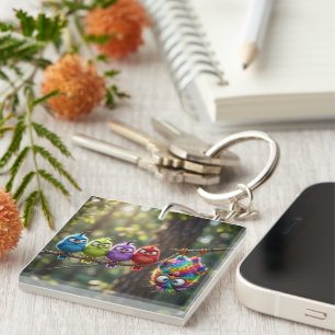 Colourful Fluffy Birdies Key Ring