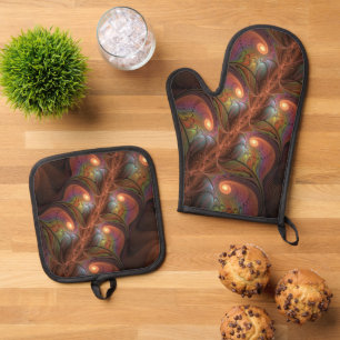 Colourful Fluorescent Abstract Modern Brown Fracta Oven Mitt & Pot Holder Set