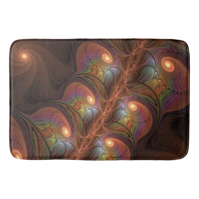 Colourful Fluorescent Abstract Trippy Brown Fracta Bath Mat (Front)
