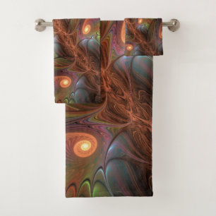 Colourful Fluorescent Abstract Trippy Brown Fracta Bath Towel Set