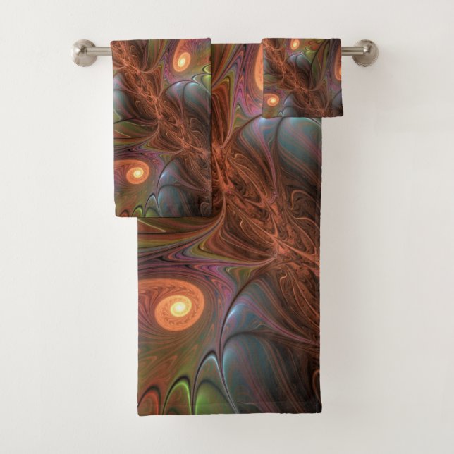 Colourful Fluorescent Abstract Trippy Brown Fracta Bath Towel Set (Insitu)