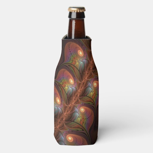 Colourful Fluorescent Abstract Trippy Brown Fracta Bottle Cooler (Bottle Front)