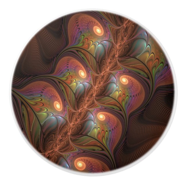 Colourful Fluorescent Abstract Trippy Brown Fracta Ceramic Knob (Front)