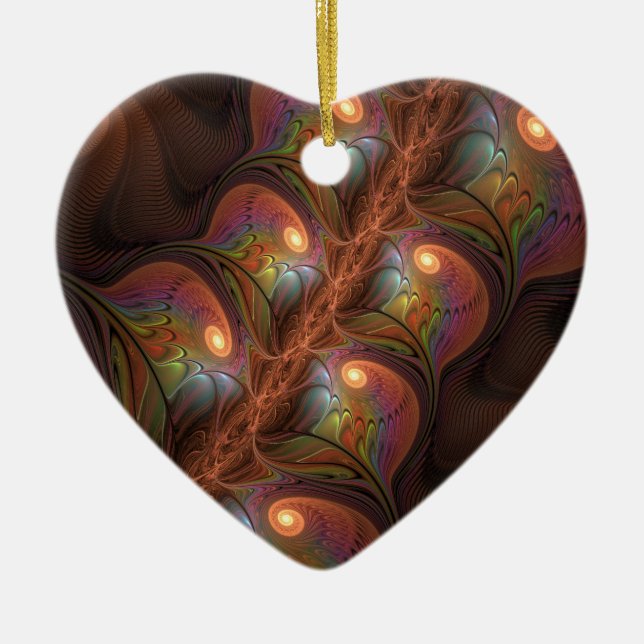 Colourful Fluorescent Abstract Trippy Brown Fracta Ceramic Ornament (Front)