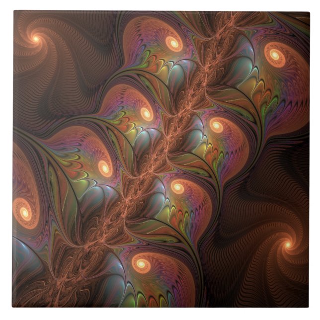 Colourful Fluorescent Abstract Trippy Brown Fracta Ceramic Tile (Front)