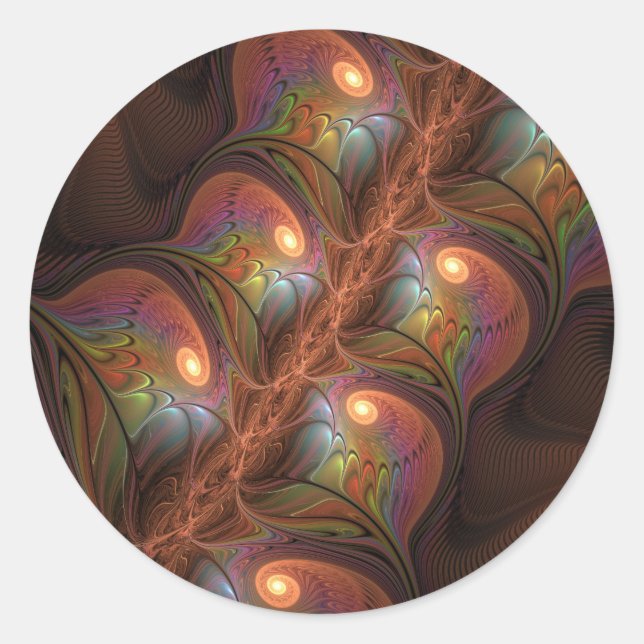 Colourful Fluorescent Abstract Trippy Brown Fracta Classic Round Sticker (Front)