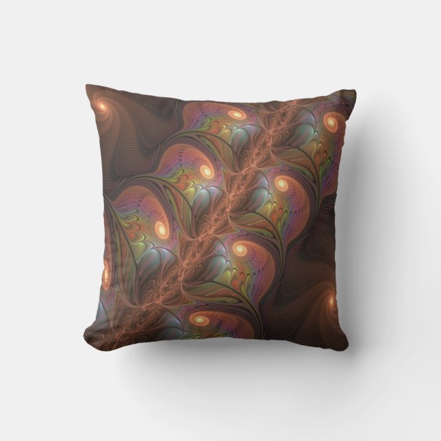 Colourful Fluorescent Abstract Trippy Brown Fracta Cushion (Front)