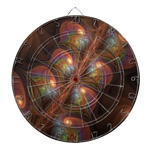 Colourful Fluorescent Abstract Trippy Brown Fracta Dartboard (Front)