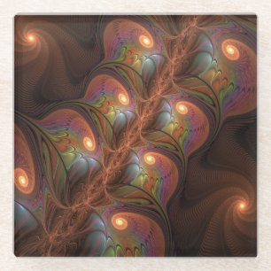Colourful Fluorescent Abstract Trippy Brown Fracta Glass Coaster